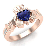 Genuine Heart Blue Sapphire Claddagh Diamond Ring 0.62 Ct 14K Gold - Rose Gold