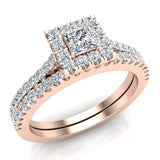 0.70 Ct Princess Cut Square Halo Diamond Wedding Ring Bridal Set 18K Gold (G,VS) - Rose Gold