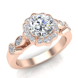 GIA Round halo diamond engagement rings floral milgrain 18K 1 ctw G SI - Rose Gold