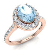 Blue Topaz & Diamond Halo Ring 14K Gold December Birthstone - Rose Gold