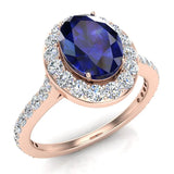Blue Sapphire & Diamond Halo Ring 14K Gold September Birthstone - Rose Gold