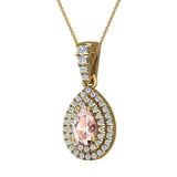 Pear Cut Pink Morganite Double Halo Diamond Necklace 14K Gold (I,I1) - Yellow Gold
