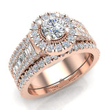 Round Cut Wedding Ring Set for Women 14K Gold Halo Bridal Rings Set Wide Shank 1.42 Ctw (I, I1) - Rose Gold
