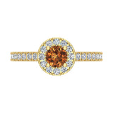 1.00 ct tw Champagne & White Round Diamond Cathedral Style Halo Engagement Ring 14K Gold Glitz Design (J,I1) - Yellow Gold