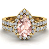 Pear Cut Pink Morganite Halo Wedding Ring Set 14K Gold-I,I1 - Yellow Gold