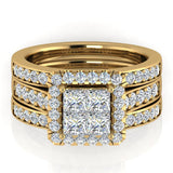2.15 ct Princess Quad Halo Wedding Ring Set w/Enhancer Bands 14K Gold-I1 - Yellow Gold