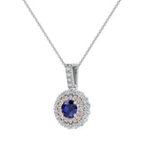 Round Cut Blue Sapphire Double Halo 2-tone Necklace 14K Gold-G,SI - Rose Gold