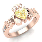 Genuine Heart Yellow Citrine Claddagh Diamond Ring 0.62 Ct 14K Gold - Rose Gold