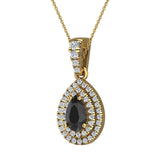 Pear Cut Black Diamond Double Halo Diamond Necklace 14K Gold-I,I1 - Yellow Gold