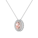 Oval Cut Pink Morganite Double Halo 2 tone necklace 14K Gold (I,I1) - Rose Gold