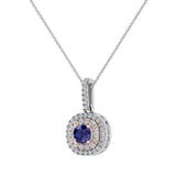 Round Cut Blue Sapphire Cushion Double Halo 2 tone necklace 14K Gold-G,I1 - Rose Gold