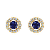 September Birthstone Blue Sapphire Halo Stud Diamond Earring 14K Gold - Yellow Gold