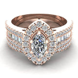 Statement Band Marquise Cut Halo Diamond Engagement Ring Baguettes 1.43 Carat Total 18K Gold (G,SI) - Rose Gold