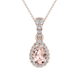 Pear Cut Pink Morganite Halo Diamond Necklace 14K Gold (G,SI) - Rose Gold