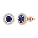 September Birthstone Blue Sapphire Halo Stud Diamond Earring 14K Gold - Rose Gold