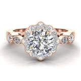 GIA Round halo diamond engagement rings floral milgrain 14K 1 ctw H SI - Rose Gold