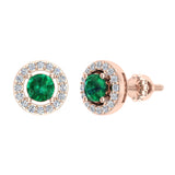 May Birthstone Natural Emerald Halo Stud Diamond Earrings 14K Gold - Rose Gold