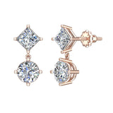 Princess & Round Drop Two stone Diamond Dangle Earrings 18K Gold-G,VS - Rose Gold