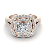 Magnificent Princess Diamond Cushion Halo V Shank Engagement Ring 1.47 ctw 14K Gold (I,I1) - Rose Gold