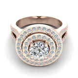 Statement Round Diamond Double Halo Split Shank Engagement Ring 1.77 ctw 18K Gold (G,SI) - Rose Gold
