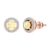 14K Gold Citrine Diamond Earrings November Birthstone Halo Stud - Rose Gold