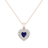 Dainty Blue Sapphire & Halo Diamond Heart Necklace 14K Gold ¾ ct-L,I2 - Rose Gold