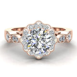 GIA Round halo diamond engagement rings floral milgrain 14K 1.25 ctw I1 - Rose Gold
