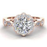 GIA Round halo diamond engagement rings floral milgrain 14K 1.25 ctw H SI - Rose Gold