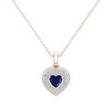 Dainty Blue Sapphire & Halo Diamond Heart Necklace 14K Gold ¾ ct - Rose Gold