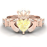Genuine Heart Yellow Citrine Claddagh Diamond Ring 0.62 Ct 14K Gold - Rose Gold