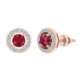 July Birthstone Natural Ruby Halo Stud Diamond Earrings 14K Gold - Rose Gold