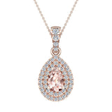 Pear Cut Pink Morganite Double Halo Diamond Necklace 14K Gold (I,I1) - Rose Gold