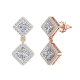 Bridal Princess Halo Diamond Dangle Earrings Kite Pattern 14K Gold 1.93 ct-G,SI - Rose Gold