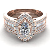 Statement Band Marquise Cut Halo Diamond Engagement Ring Baguettes 1.43 Carat Total 14K Gold (G,I1) - Rose Gold