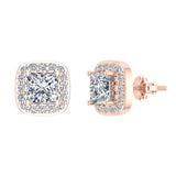 Princess cut Cushion Style Halo Diamond Stud Earrings 14K Gold-G,SI - Rose Gold