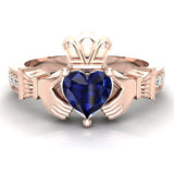 Genuine Heart Blue Sapphire Claddagh Diamond Ring 0.62 Ct 14K Gold - Rose Gold