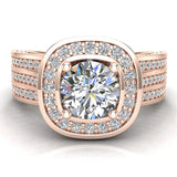 Trio Diamond Shank Cushion Halo Engagement Ring 1.68 cttw 14K Gold-I,I1 - Rose Gold