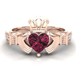 Genuine Heart Red Garnet Claddagh Diamond Ring 0.62 cttw 14K Gold - Rose Gold