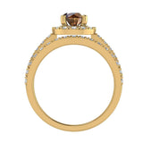 1.38 ct tw Champagne & White Round Diamond Cathedral Style Halo Engagement Ring Set 14K Gold (J,I1) - Yellow Gold