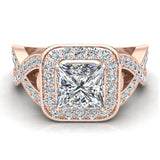 Princess-Cut Diamond Square Halo Crisscross Shank Engagement Ring 14K Gold-G,SI - Rose Gold