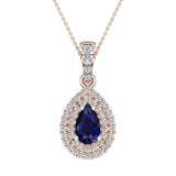 Pear Cut Sapphire Double Halo Diamond Necklace 14K Gold (I,I1) - Rose Gold