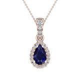 Pear Cut Sapphire Halo Diamond Necklace 14K Gold (G,SI) - Rose Gold