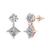 Round & Princess Drop Two stone Diamond Dangle Earrings 14K Gold-I,I1 - Rose Gold