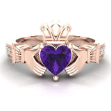 Genuine Heart Amethyst Claddagh Diamond Ring 0.62 Ct 14K Gold - Rose Gold