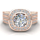 Trio Diamond Shank Cushion Halo Engagement Ring 1.68 cttw 14K Gold-G,SI - Rose Gold