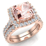 Morganite Cushion Halo Diamond wedding ring for women 18K Gold 3.28 ct-G,VS - Rose Gold