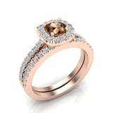 1.00 ct tw Champagne & White Cushion Halo Engagement Ring Set 14k Gold Glitz Design (J,I1) - Rose Gold