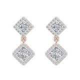 Bridal Princess Halo Diamond Dangle Earrings Kite Pattern 14K Gold 1.93 ct-G,SI - Rose Gold