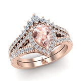 1.75 Ct Pear Cut Pink Morganite Halo Diamond Wedding Ring Set 14K Gold-I,I1 - Rose Gold