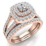 18k Gold Cushion Shape Wedding Rings Set Double Halo Style 1.10 ctw-G,VS - Rose Gold